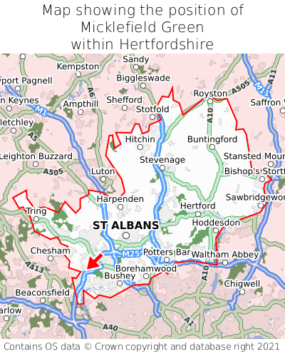Map showing location of Micklefield Green within Hertfordshire