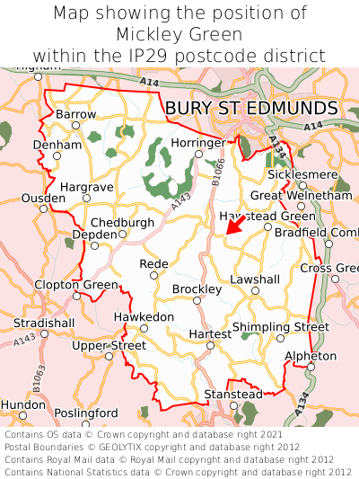 Map showing location of Mickley Green within IP29