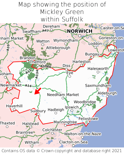 Map showing location of Mickley Green within Suffolk