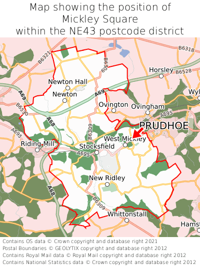 Map showing location of Mickley Square within NE43