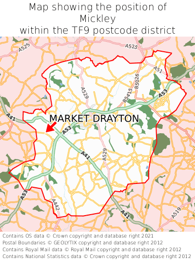 Map showing location of Mickley within TF9