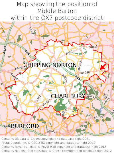 Map showing location of Middle Barton within OX7