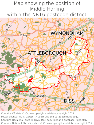 Map showing location of Middle Harling within NR16