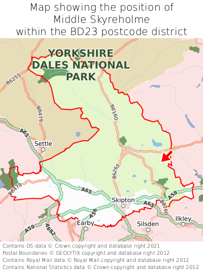 Map showing location of Middle Skyreholme within BD23
