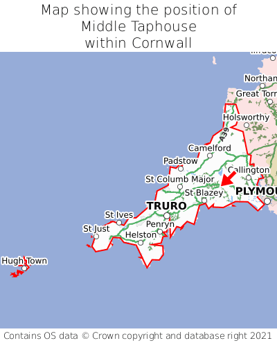 Map showing location of Middle Taphouse within Cornwall