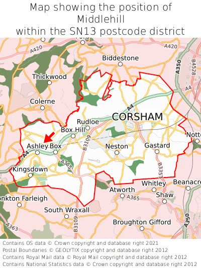 Map showing location of Middlehill within SN13