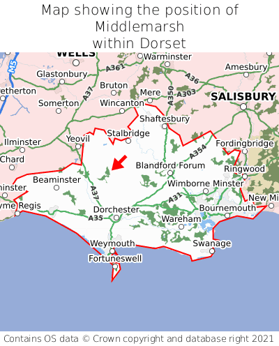 Map showing location of Middlemarsh within Dorset