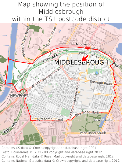 Map showing location of Middlesbrough within TS1