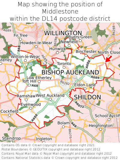 Map showing location of Middlestone within DL14