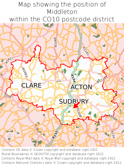 Map showing location of Middleton within CO10