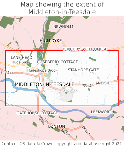 Map showing extent of Middleton-in-Teesdale as bounding box