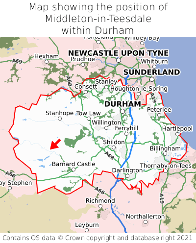 Map showing location of Middleton-in-Teesdale within Durham