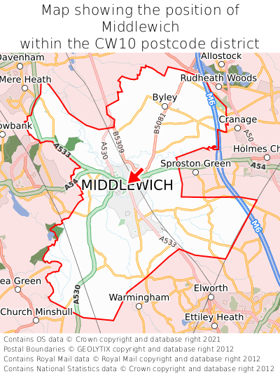 Map showing location of Middlewich within CW10