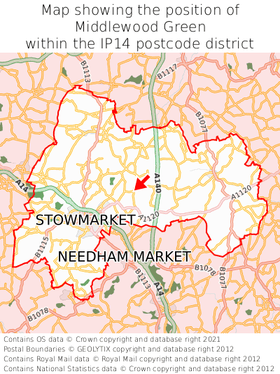 Map showing location of Middlewood Green within IP14