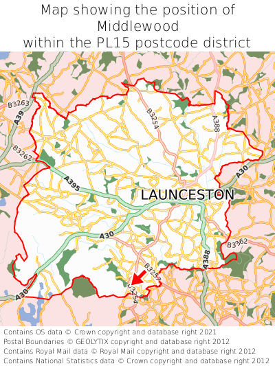 Map showing location of Middlewood within PL15