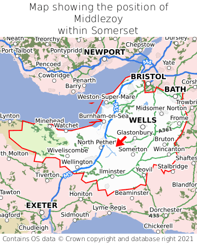 Map showing location of Middlezoy within Somerset