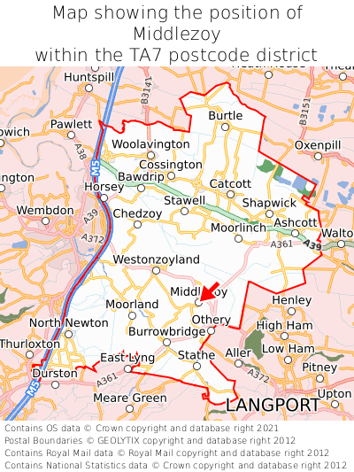 Map showing location of Middlezoy within TA7