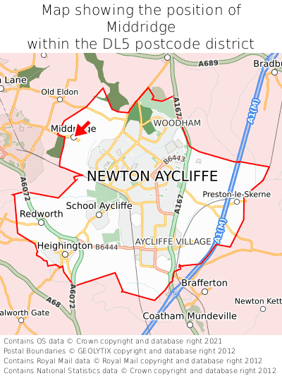 Map showing location of Middridge within DL5