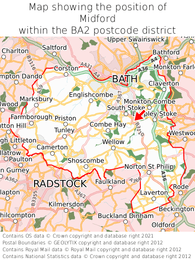 Map showing location of Midford within BA2