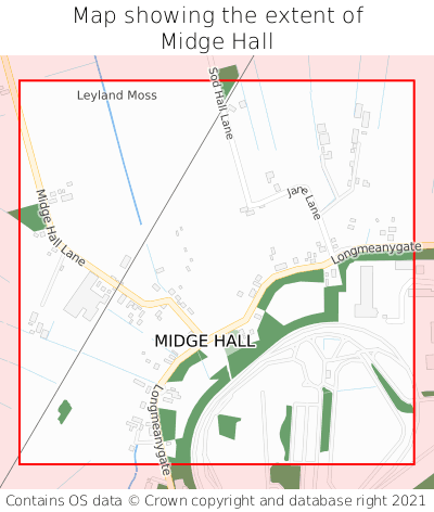 Map showing extent of Midge Hall as bounding box