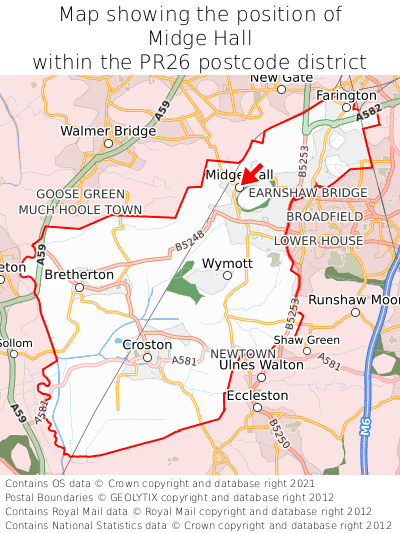 Map showing location of Midge Hall within PR26