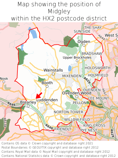 Map showing location of Midgley within HX2