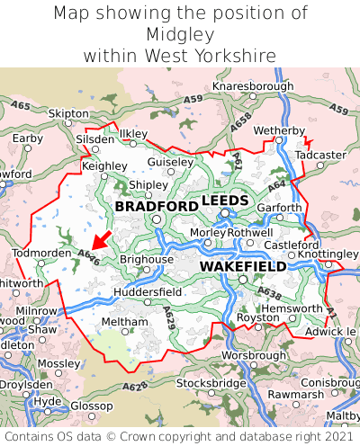 Map showing location of Midgley within West Yorkshire