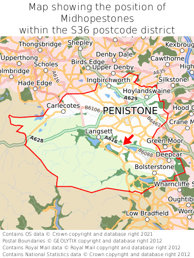 Map showing location of Midhopestones within S36