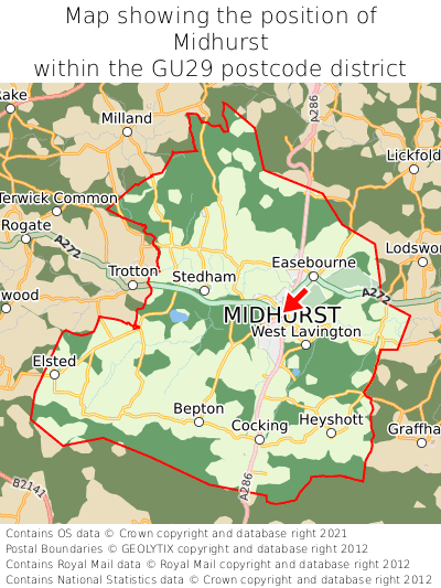 Map showing location of Midhurst within GU29