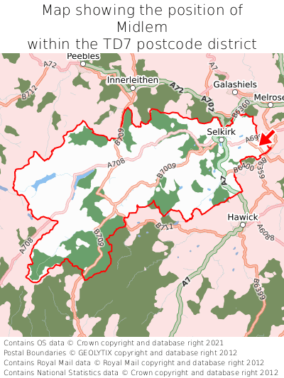 Map showing location of Midlem within TD7