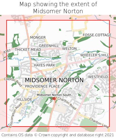 Map showing extent of Midsomer Norton as bounding box