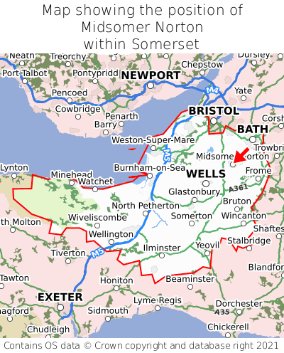 Map showing location of Midsomer Norton within Somerset