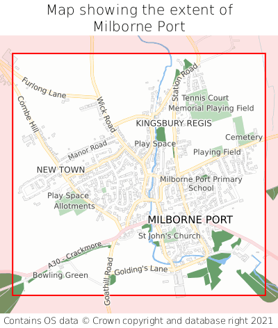 Map showing extent of Milborne Port as bounding box