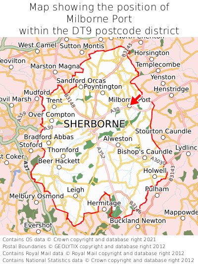 Map showing location of Milborne Port within DT9