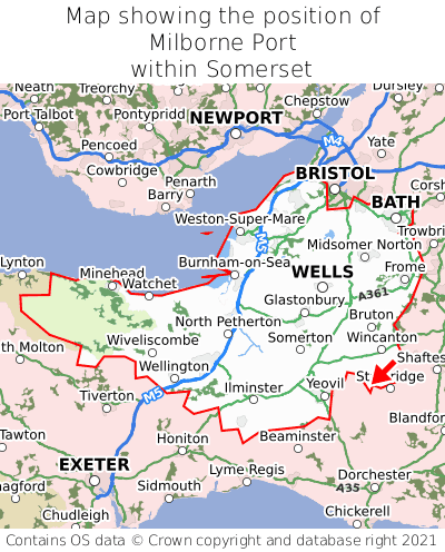Map showing location of Milborne Port within Somerset