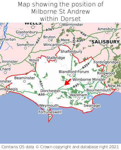 Map showing location of Milborne St Andrew within Dorset