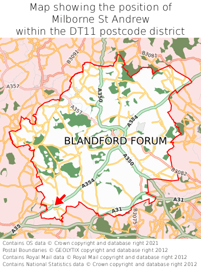 Map showing location of Milborne St Andrew within DT11