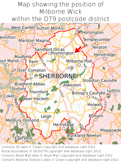 Map showing location of Milborne Wick within DT9