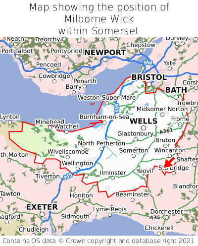 Map showing location of Milborne Wick within Somerset