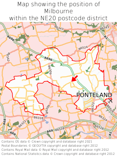 Map showing location of Milbourne within NE20