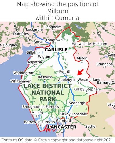 Map showing location of Milburn within Cumbria