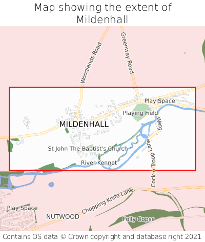 Map showing extent of Mildenhall as bounding box