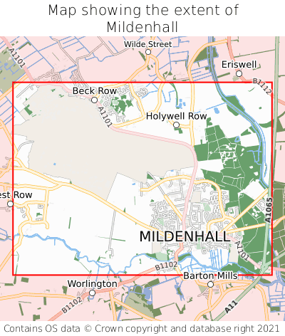 Map showing extent of Mildenhall as bounding box