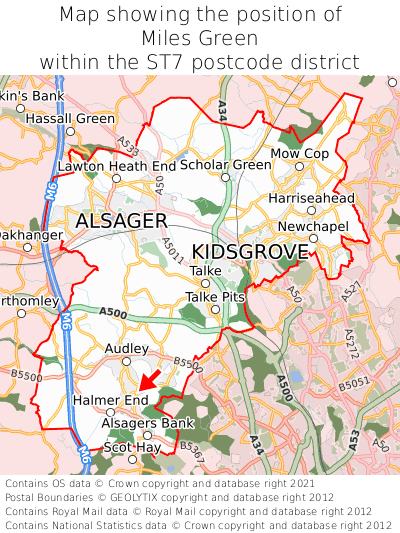 Map showing location of Miles Green within ST7