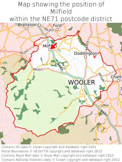 Map showing location of Milfield within NE71