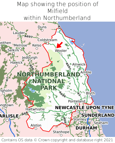 Map showing location of Milfield within Northumberland