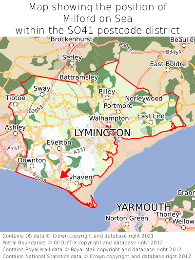 Map showing location of Milford on Sea within SO41
