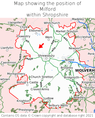 Map showing location of Milford within Shropshire