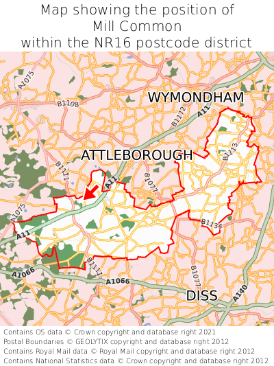 Map showing location of Mill Common within NR16