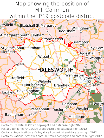 Map showing location of Mill Common within IP19